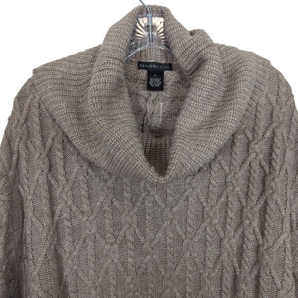 Design History Women’s Poncho Tan Sweater Large Cowl Neck Cable Knit Pullover - Picture 6 of 10